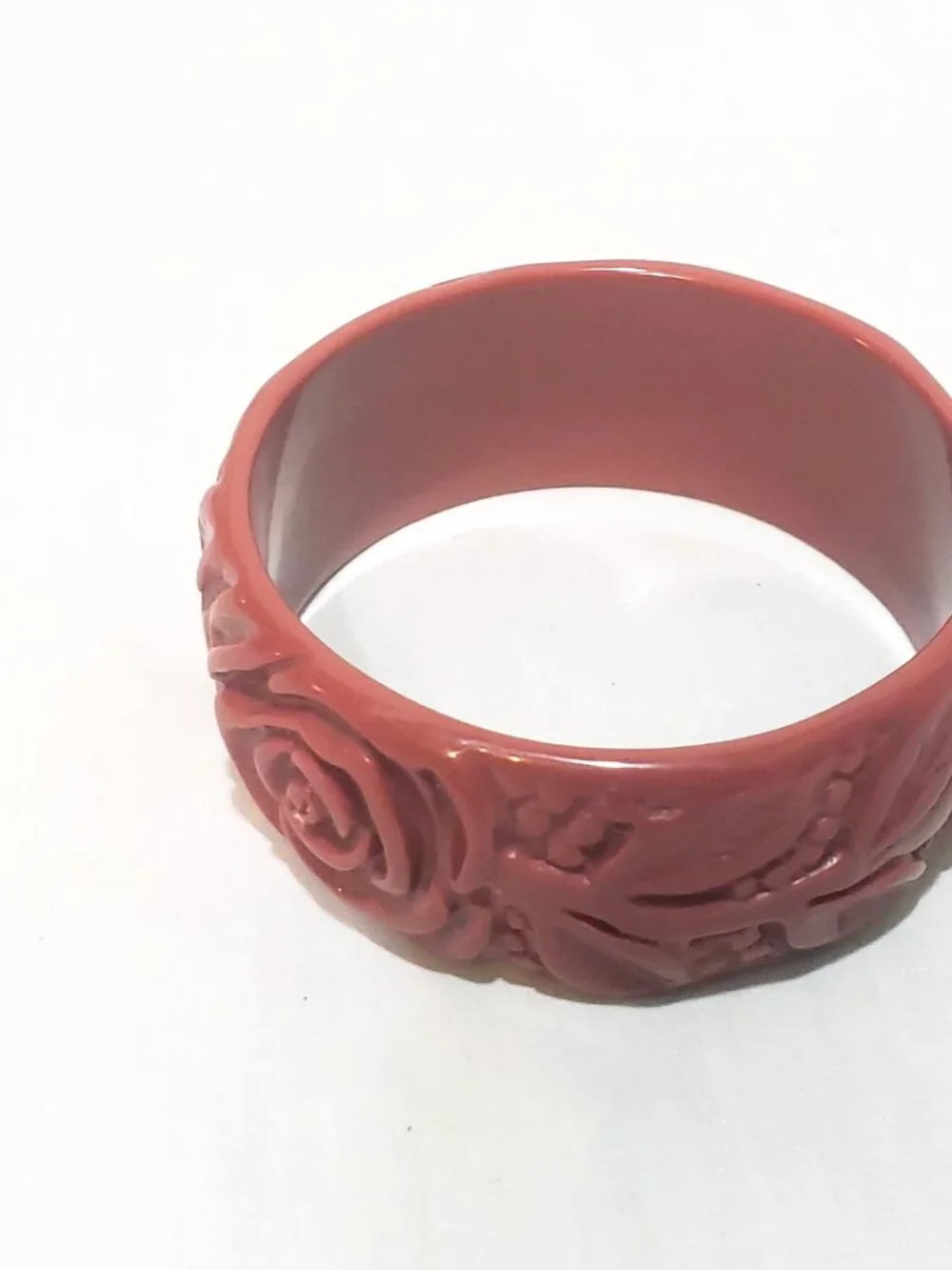 Rose Flower Wide Thick Carved Look Red Bangle Bracelet 2.5